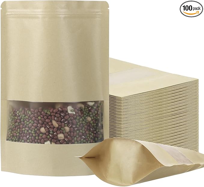 100 Pack Resealable Stand-up Bags With Clear Window for Sealing Storage, Scratch Resistant Hand Storage (Kraft Paper, 710 Inch)