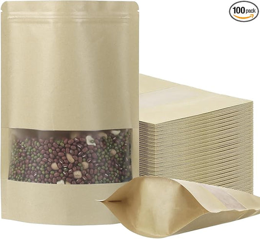 Kraft Paper 100 Pack Resealable Storage Bags with Clear Window, Stand-up, Scratch Resistant - 5.9x8.6 Inch