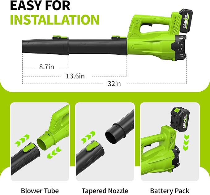 Leaf Blower Cordless, 21V Electric Leaf Blower with 2 x 4.0Ah Battery and Charger, 650 CFM & 280 MPH Powerful Leaf Blowers, Lightweight Small Leaf Blowers for Garden, Patio, Lawn Care (Green)