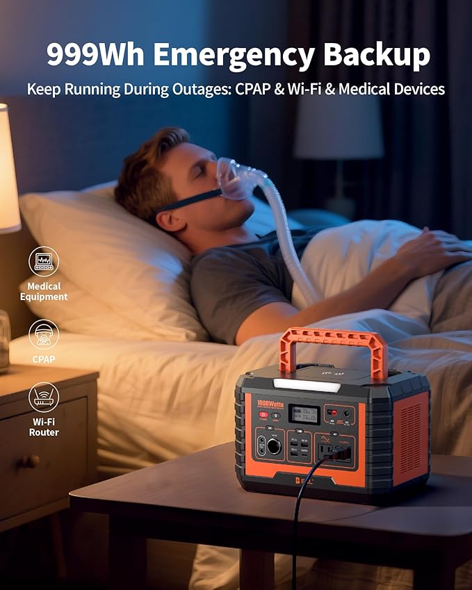 EBL Portable Power Station 1000W, 999Wh Solar Generator 2000W Peak, AC/Wireless Charging/60W USB-C Output, Lithium Battery for Emergency, Home Backup, Camping, RV, Off-Grid Living