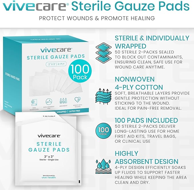 3x3 Sterile Gauze Pads (100 Piece) - Individually Wrapped 2-Pack Wound Dressing for Cleaning & Cushioning - Non-Adhesive Highly Absorbent Bandages