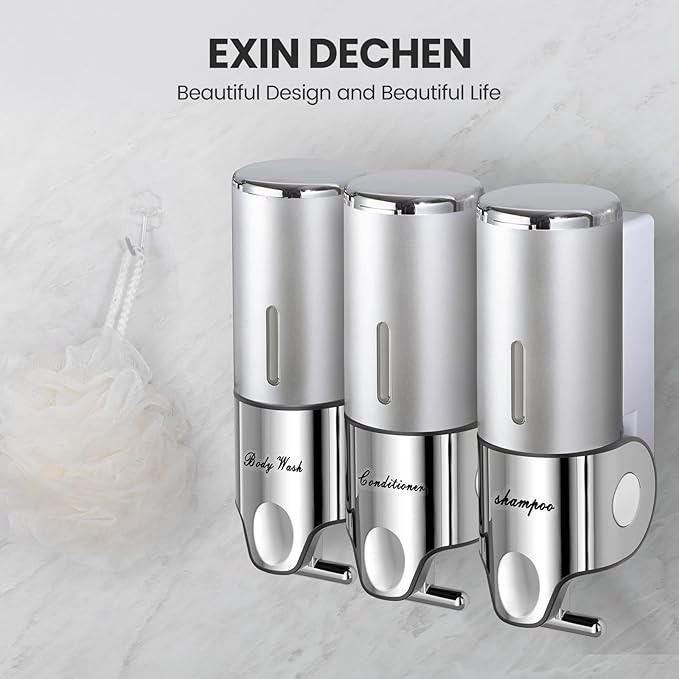 Shampoo and Conditioner Dispenser,Dispensers for The Shower,Shower Soap Dispenser 3 Chamber No Drill,Shampoo Conditioner Body Wash Dispenser Wall Mount for Bathroom(Triple x 17.6 oz,Silver)