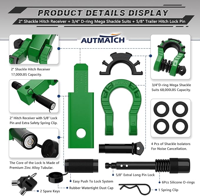 AUTMATCH Shackle Hitch Receiver 2" with 3/4" Mega D Ring Shackle and 5/8" Trailer Hitch Lock Pin, 68,000 Lbs Break Strength Heavy Duty Receiver Towing Kit for Off-Road Vehicle Recovery, Dark Green