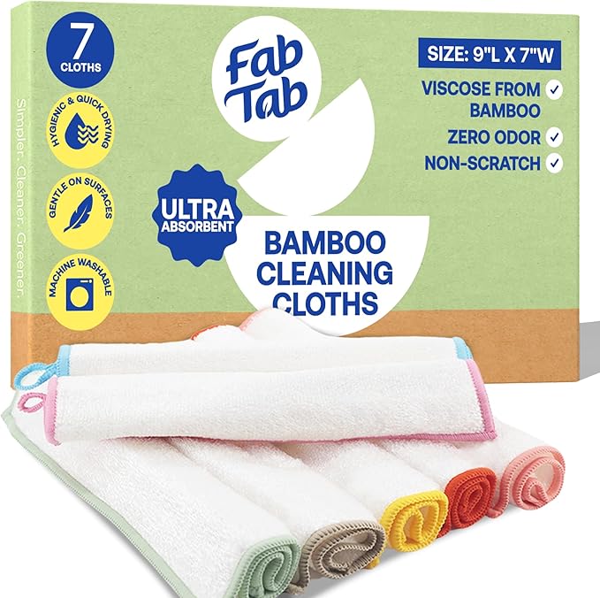 Fab Tab High-Performance Viscose Made from Bamboo Cleaning Cloths - 7 Pack Reusable & Super Absorbent Towels for Household, Kitchen, and Auto Care | Ideal for Dusting and Vehicle Detailing (Small)