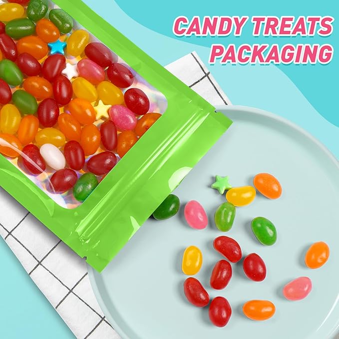 Funfery 300 Pack Smell Proof Resealable Bags for Food Storage,Holographic Bags 4x6 Green Mylar Clear Packaging Bag- Scent Proof for Cookies, Zip Foil Pouch for Small Business