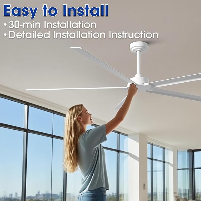 White Ceiling Fan No Light, 72 Inch Waterproof Outdoor Ceiling Fans for Patios, Remote Control, Industrial Ceiling Fans Without Lights, 6-Speed Reversible DC Motor, 5 Aluminum Blades, Timer