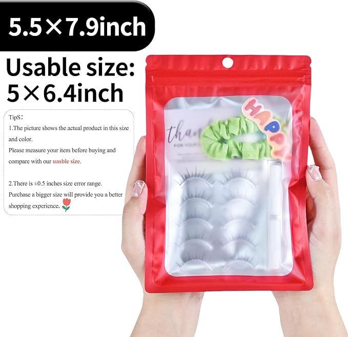 100 Pack Resealable Plastic Bags for Food Storage, Zipper Bags with Clear Front Window, Packaging Pouch for Small Business (Red, 5.5x7.9 inch)