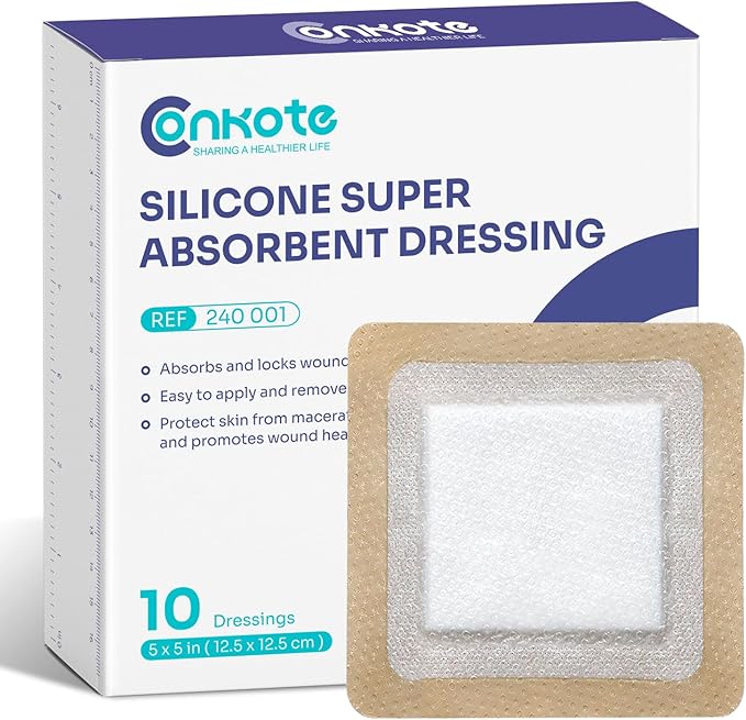 Silicone Super Absorbent Dressing for Heavy Exudate Wound 10 Pack, FSA or HSA 5" X 5" Gentle Boder Adhesive Bandages for Wound Care, Soft Wound Care Pads for Ulcer, Surgical, l - ll Degree Burns