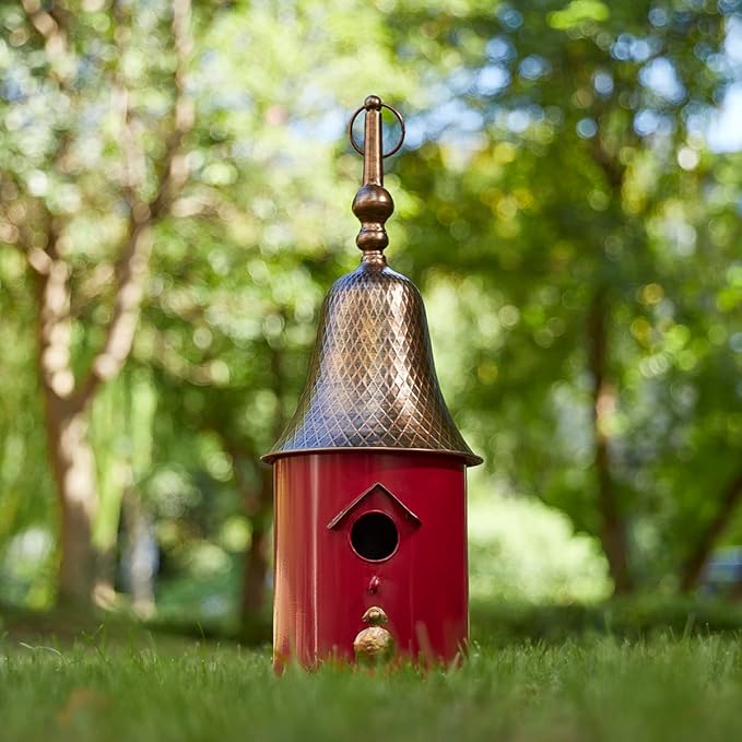 Glitzhome 24" H Metal Hanging Birdhouse for Outdoors, Farmhouse Pagoda Painted Decorative Bird House with Bell Roof for Bluebird Wren Chickadee Sparrow Bird Nest Box for Garden Patio, Retro Red