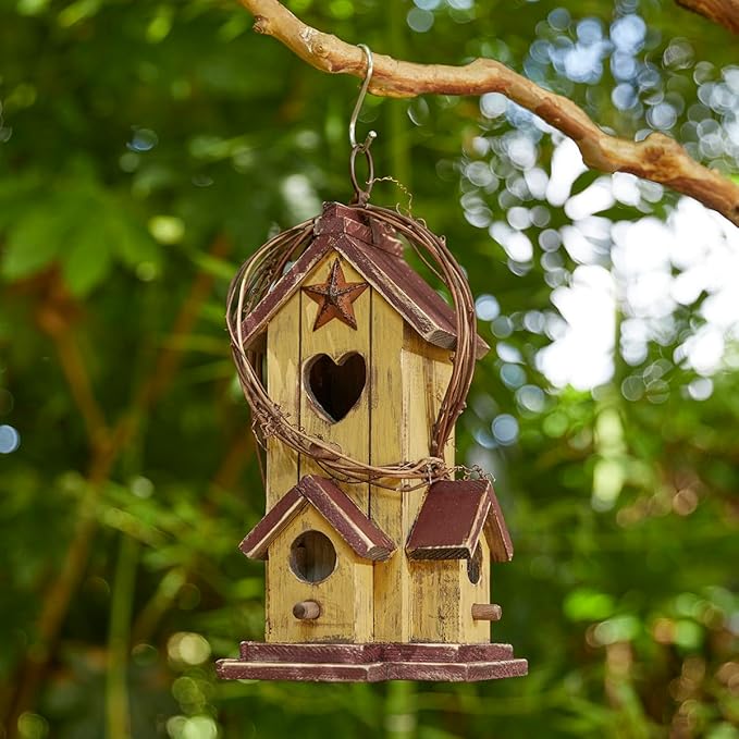 Glitzhome Bird Houses for Outside, Decorative Bird House,11.5"H Distressed Solid Wood Hanging Birdhouses for Outdoors, Hummingbird House Bird Cottage with Rattan for Outdoor Patio Garden,Washed Yellow