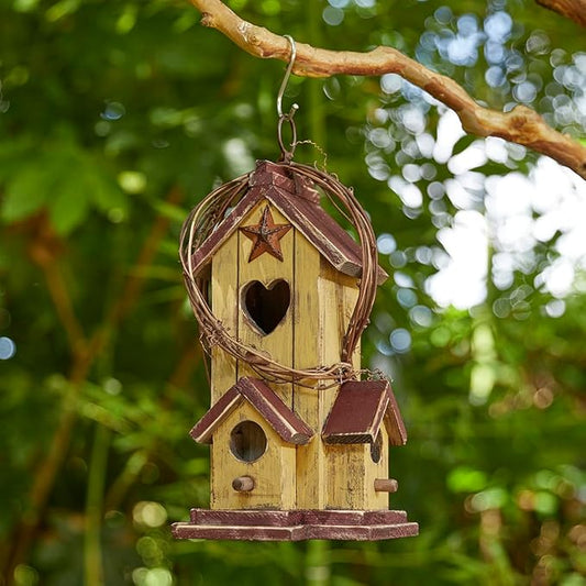 Glitzhome Bird Houses for Outside, Decorative Bird House,11.5"H Distressed Solid Wood Hanging Birdhouses for Outdoors, Hummingbird House Bird Cottage with Rattan for Outdoor Patio Garden,Washed Yellow