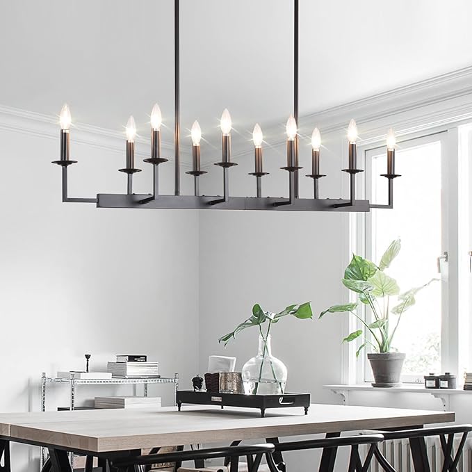 48-Inch Rustic Black Linear Chandelier,Extra Long Candle Chandelier,Black Light Fixture for Dining Room Living Room Kitchen Island, Modern Rectangular Chandelier(10-Light,Bulbs Not Included)