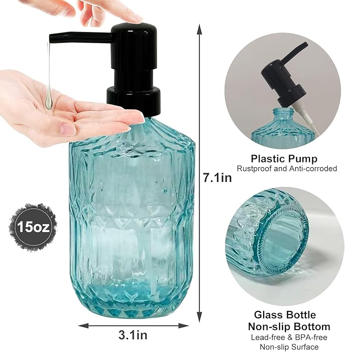 Blue Glass Soap Dispenser with Black Pump, 15oz Liquid Hand Dispenser, Refillable Lotion Dish Soap Dispenser for Modern Home Decor, Bathroom, Kitchen Countertop, Hotel