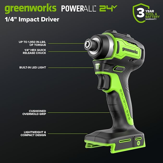 Greenworks 24V Cordless Brushless 6PCs Combo, Drill/Driver+Impact Driver+6.5" Circular Saw+Recip Saw +Oscillating Tool+Flashlight, 2.0Ah+4.0Ah Batteries (24,000mAh Power Bank) and 65W USB-C Charger