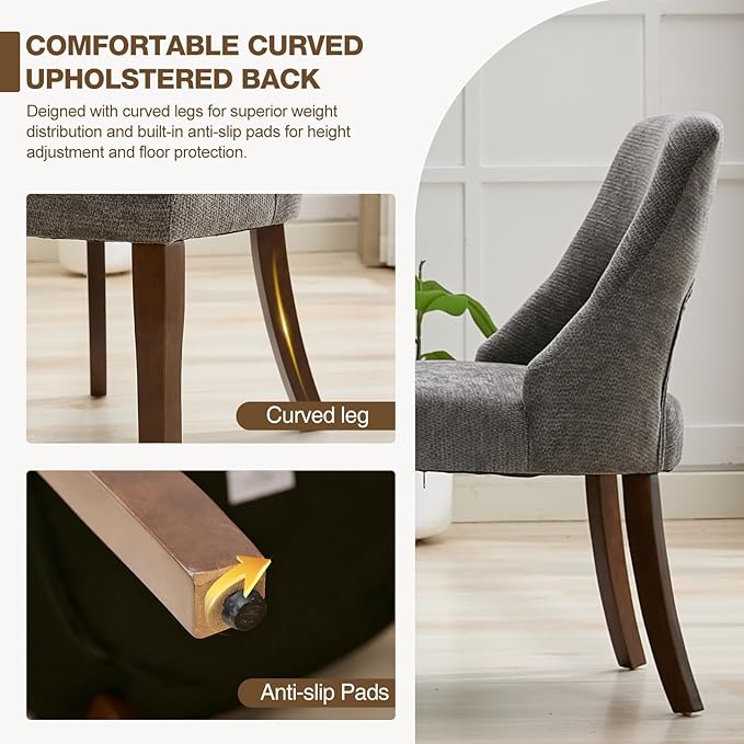 UVV Wooden Dining Chairs Set of 2, Mid Century Modern Upholstered Dining Room Chair Kitchen Chairs, Chenille Dinner Chair with Solid Wood Legs for Kitchen Dining Room, Dark Grey-Chenille