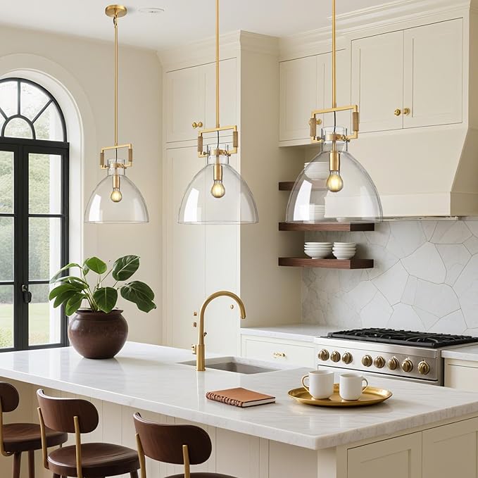 Mondern Large Brass Kitchen Island Pendant Light, 14 '' W 1-Light Glass and Gold Island Pendant Lights,Farmhouses Pendant Light, for Kitchen,Dining Room,Bathroom,Included 2 Bulb