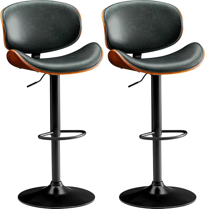 Bar Stools Set of 2 Adjustable Swivel Bentwood Barstools PU Leather Modern Bar Chairs with Back & Footrest for Bar, Kitchen Island, Dining Room (Grenn, Set of 2)