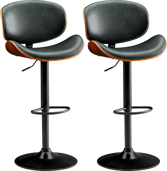 Bar Stools Set of 2 Adjustable Swivel Bentwood Barstools PU Leather Modern Bar Chairs with Back & Footrest for Bar, Kitchen Island, Dining Room (Grenn, Set of 2)
