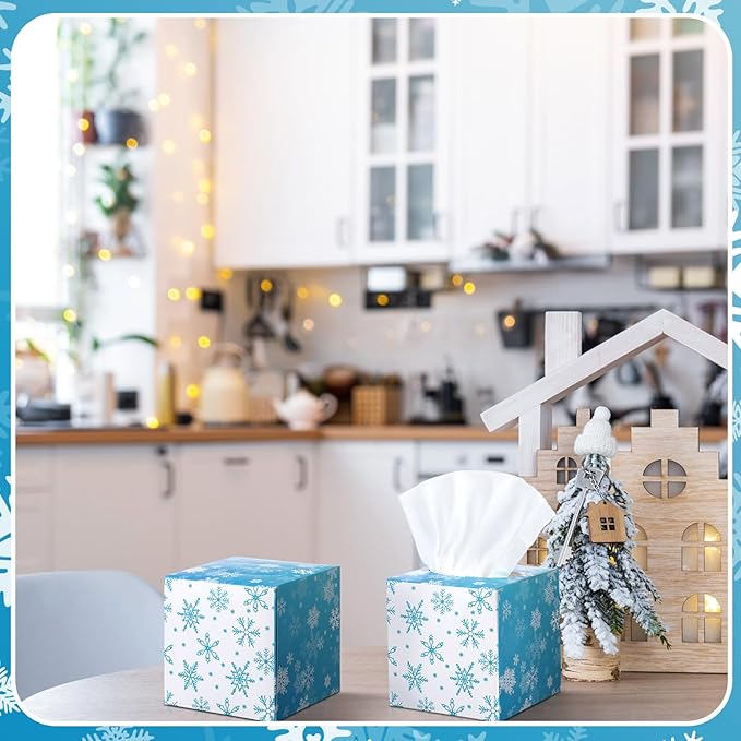 Bencailor 12 Pack Snowflake Facial Tissues Cube Boxes Winter Christmas Tree Square 600 Sheets 3 Ply Small Tissues Cube Boxes for Home Car Accessories(Blue and White,Snowflake)
