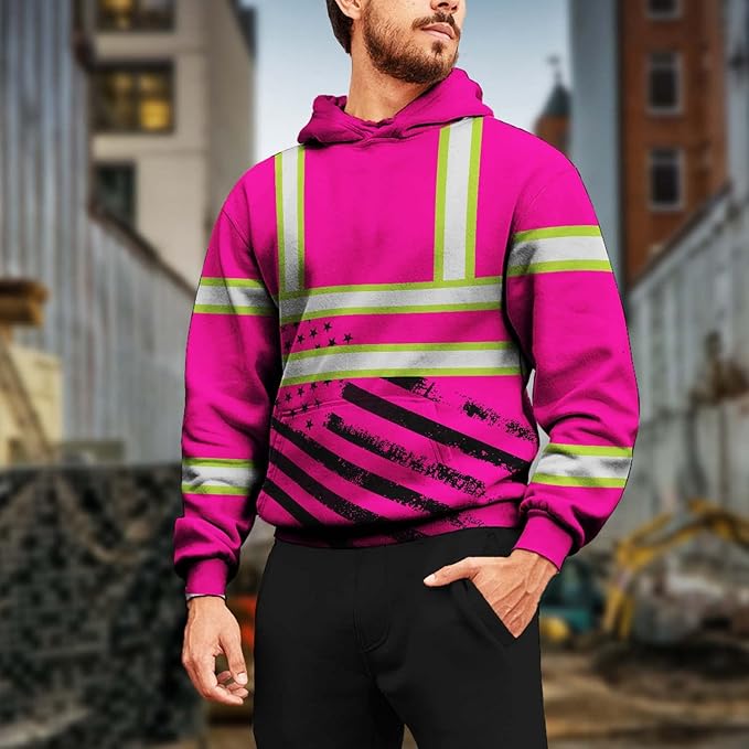Color US Flag High Visibility Hoodie for Men Women Reflective Tapes Safety Workwear for Worker Runner Patriotic
