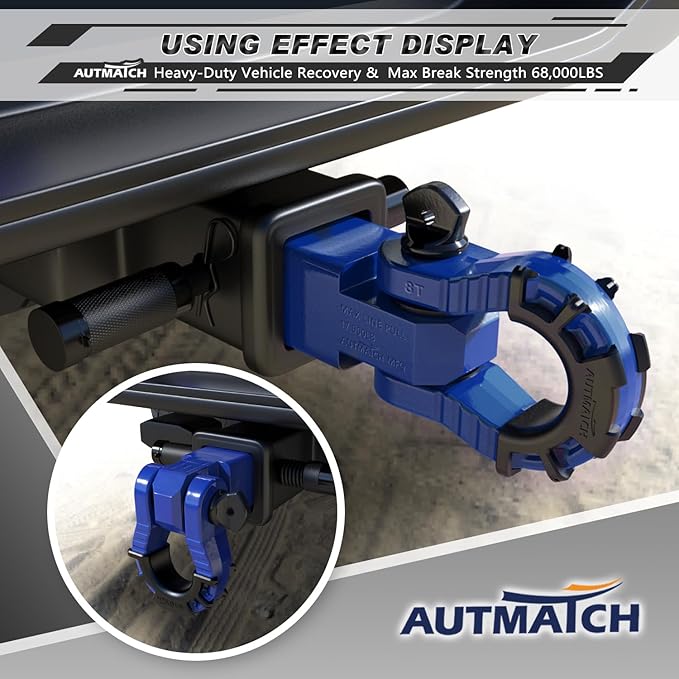 AUTMATCH Shackle Hitch Receiver 2" with 3/4" Mega D Ring Shackle and 5/8" Trailer Hitch Lock Pin, 68,000 Lbs Break Strength Heavy Duty Receiver Towing Kit for Off-Road Vehicle Recovery, Blue