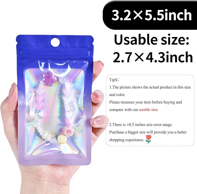 100 Pack Resealable Plastic Bags for Food Storage, Zipper Bags with Clear Front Window, Packaging Pouch for Small Business (Purple & Blue, 3.2x5.5 inch)