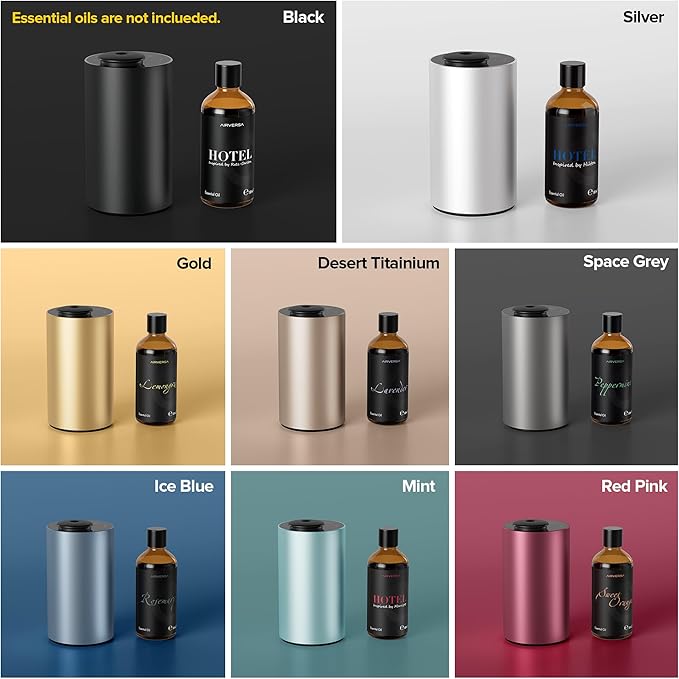 Airversa Waterless Essential Oil Diffuser for Home Aromatherapy Scent Diffusers with 3 Countdown Timer Settings or Timer-Off, 3 Mist Levels for Car Room Studio Office, ANX Premium Metal Black