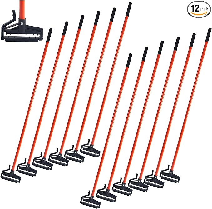 Matthew Easy Trigger Release Mop Handle 60 inch Metal Mop Stick,Commercial Mop Head Replacement Holder for Floor Cleaning,Clip On Mop Handle Quick Change for Wet Mop Handle - 12Pack Red