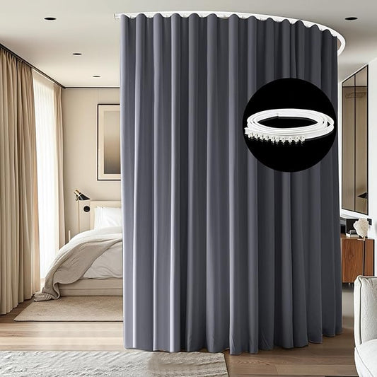 Room Divider Ceiling Mounted Curtains Track Sets Extra Wide Blackout Curtain Flexible Tracks for Bedroom Privacy Partition Separator, 1 Panel Grey Drape and White Rail, W12.5 x H7ft
