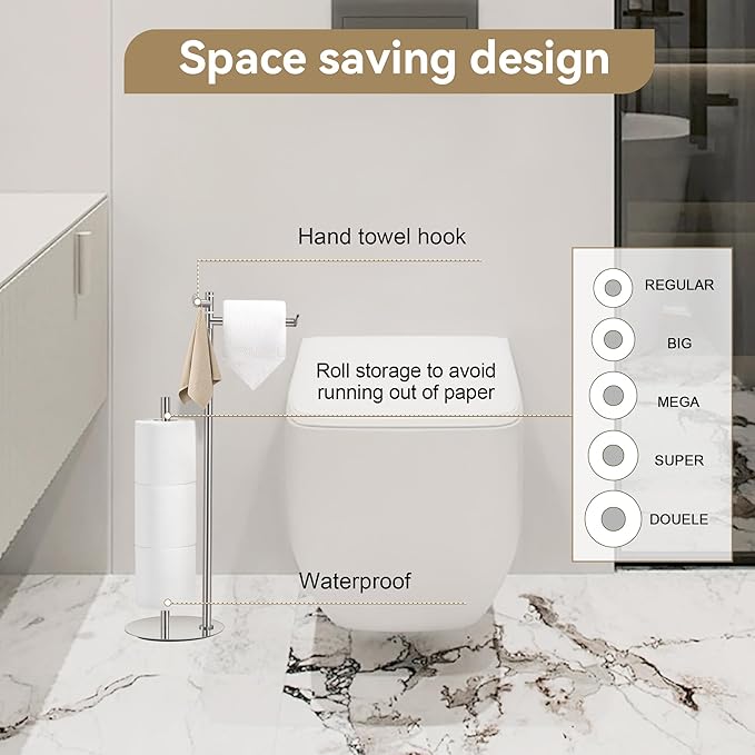 BGL Toilet Paper Holder Stand, SUS304 Stainless Steel Brushed Nickel, Weighted Base, Holds 5 Jumbo Rolls, Space-Saving Modern Bathroom Storage with Built-in Hook