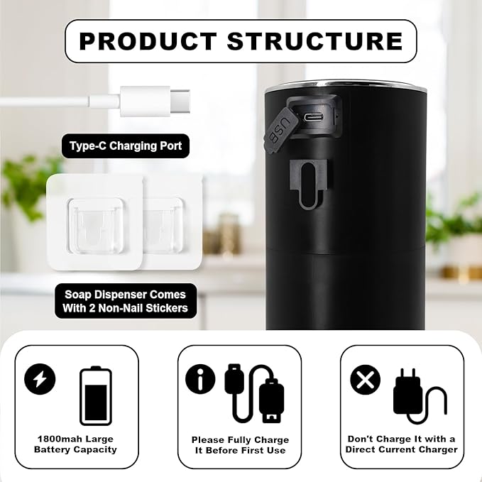 Automatic Soap Dispenser 13oz. Wall Mount Touchless 4 Gear Adjustable Electric Soap Dispenser USB Rechargeable with Infrared Motion Sensor for Bathroom Kitchen Office (Black Gel)