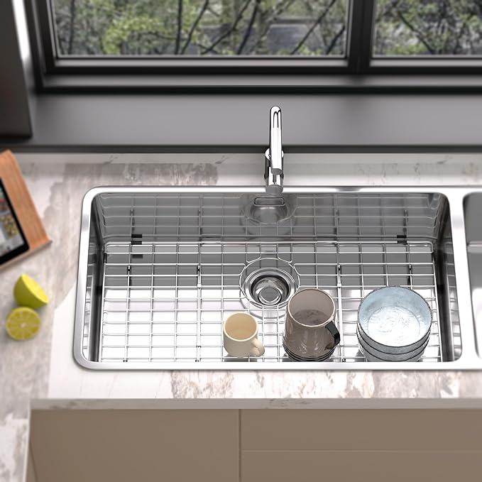 Sink Protector Kitchen Sink Bottom Grid Sink Grates,Stainless Steel,Rear Drain Hole,28.3"L×15.2"W