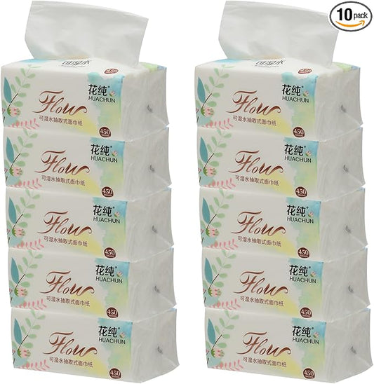 Small Soft Facial Tissues, Toilet Paper, Disposable Facial Napkins, Bag Cover NOT In Box, Material Wood Pulp Fiber NOT COTTON, 4-Ply, 10 Packs, 450 Sheets per Pack