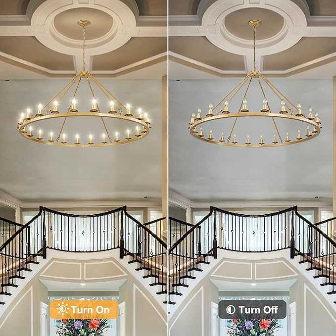 Wagon Wheel Chandeliers, 24-Light Gold Modern Rustic Large Farmhouse Chandelier Adjustable Height Light for High Ceiling Living Room, Entryways, Foyer, Dining Room, Kitchen