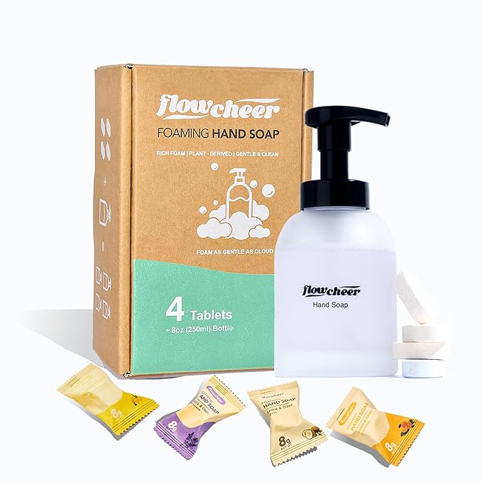 Foaming Hand Soap Refill Tablets - Glass Foaming Soap Dispenser Combo - Frosted Real Glass Bottle 11 oz - 4 Refill Tablet Included Start Kit - Soap Pump for Bathroom Kitchen Countertop