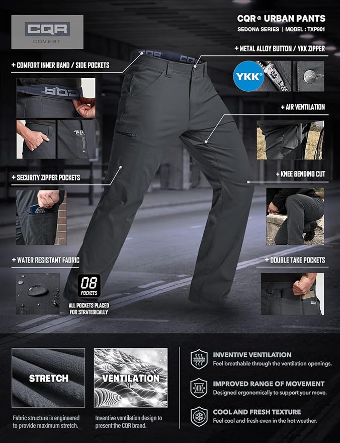 CQR Men's Vent Stretch Pants, Quick Dry Lightweight Casual Cargo Pants, Water Resistant Straight-Fit Utility Work Pants