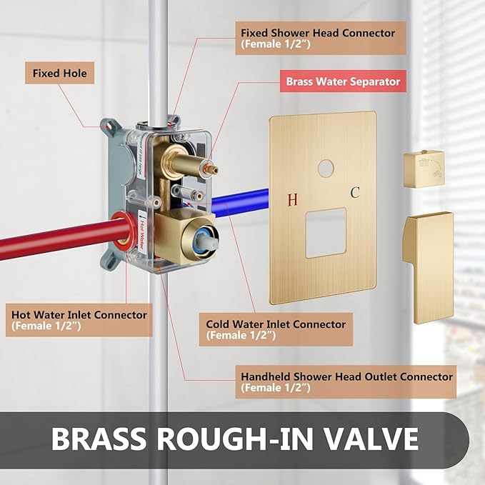 Shower Faucet Set Rainfall Shower System with Square Showerhead and Handle Set Fixture with 2 in 1 Function Handheld Sprayer Wall Mounted Trim Repair Kit Rough-in Valve 12 Inch Brushed Gold