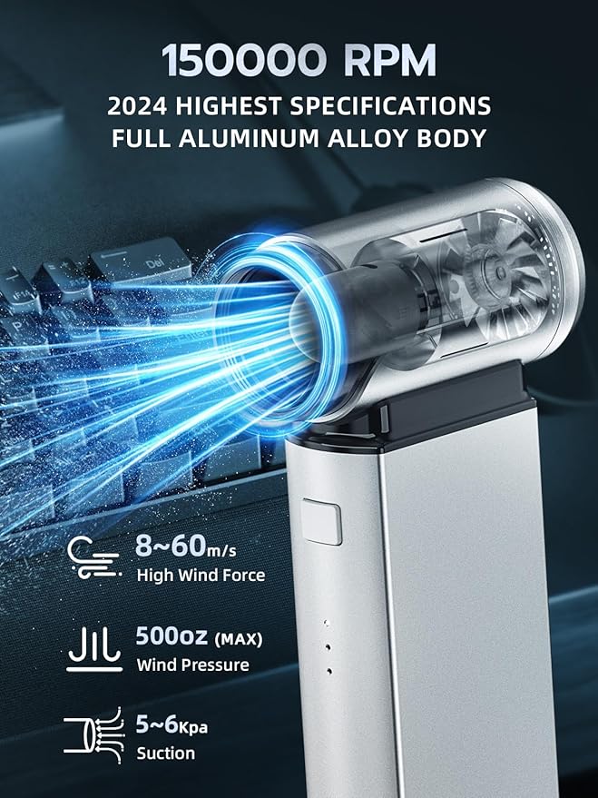 Smiling Shark Compressed Air Duster, J02 Super Power 150000RPM Aluminum Electric Air Duster with Mini Vacuum Cleaner, 2 Modes (Normal&Storm) Adjustable Dust Blower for PC/Outdoor/House/Car