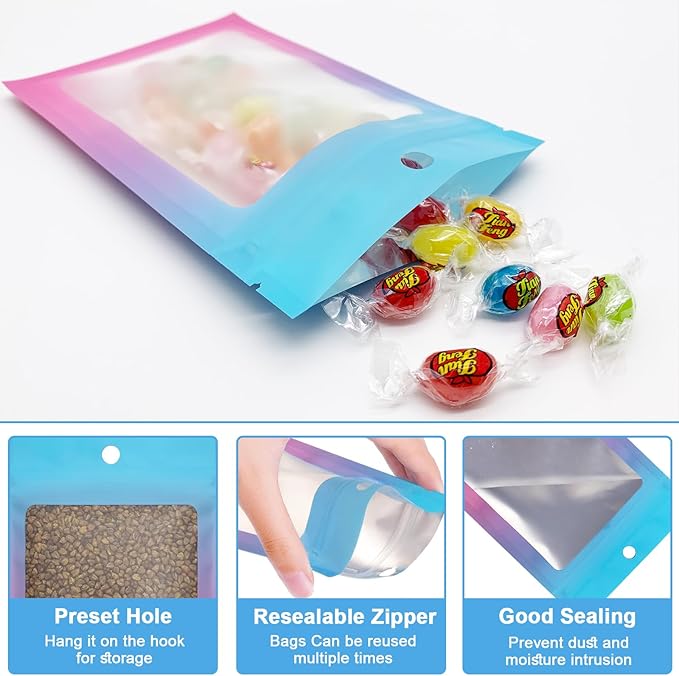 300 Pcs Gradient Mylar Bags, 3 Size Smell Proof Bags with Clear Window Foil Pouch Bags Resealable Bags for Small Business and Food Storage, Blue Pink