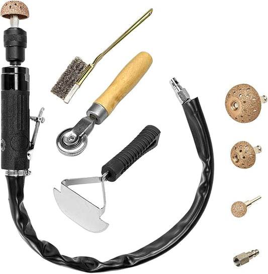 2500rpm Low-Speed Air Tire Repair Kit, Pneumatic Tire Buffer, Tire Patch Roller, Inner Liner Scraper, Tungsten Steel Buffing Wheels (42mm & 55mm) with Quick-Change Chuck, Variable Speed Throttle