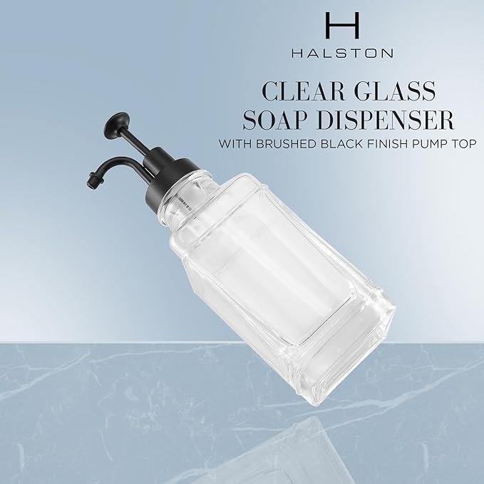 Clear Glass Soap Dispenser with Matte Black Dispenser Pump, Modern Refillable Pump for Bathroom, Kitchen, or Office, Elegant Accent Piece for Interior Decoration