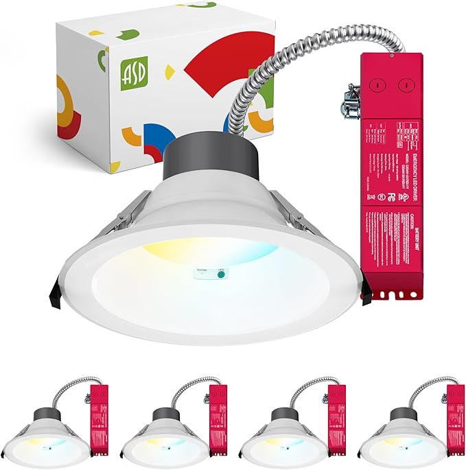ASD Commercial LED Downlight 8 Inch with Emergency Battery Backup 15W, Power Adjustable Downlights 16/22/26/30/35W, Recessed Lighting 120-277V, 5 CCT 2700K-5000K, Dimmable, IC Rated, White ETL, 4 Pack