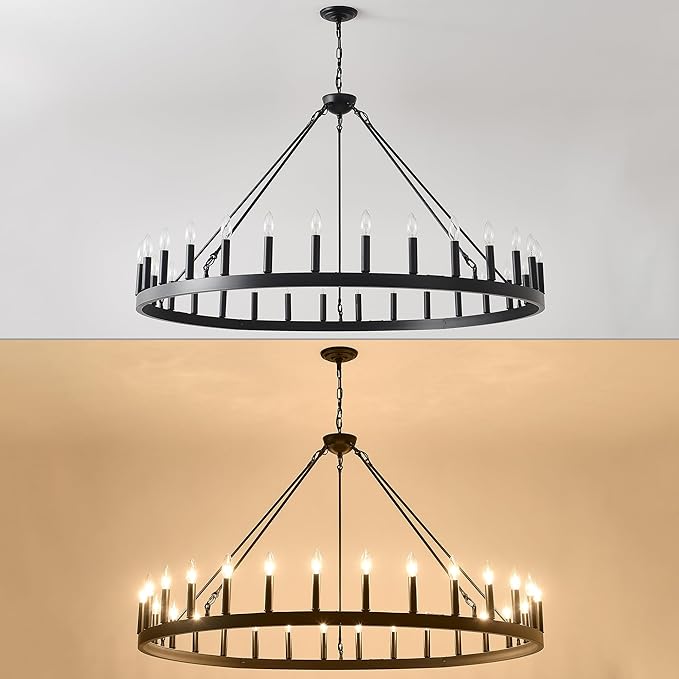 Large Farmhouse Wagon Wheel Chandelier 53",30-Light Black Round Rustic Ceiling Pendant Lighting Fixture,Industrial Chandeliers for high Ceilings Outdoor Porch Living Dining Room Kitchen Foyer