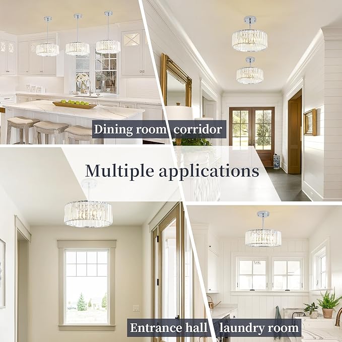 3-Light Modern Crystal Chandelier for Dining Room,Small Gold Semi Flush Mount Ceiling Light Fixtures,12'' Round Kitchen Hallway Pendant Lighting Fixture, for Entryway Foyer Laundry Room