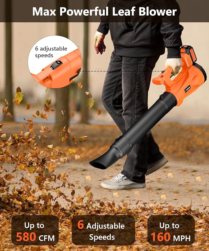 Leaf Blower Cordless with 2 3.0Ah Battery and Charger, Electric Leaf Blower with 6 Speed Modes, Cruise Control, Blowers for Lawn Care, Patios, Blowing Leaves and Dusts
