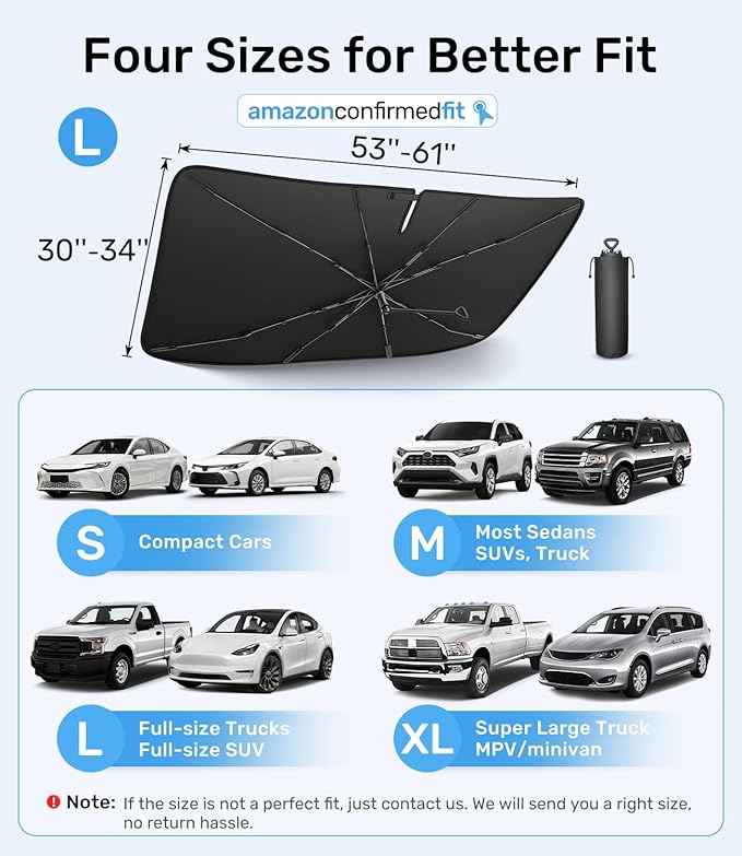 Zanch 2025 Upgraded Car Windshield Sun Shade [Cool Down by 75℉ ] with Heat Insulation Coating, Foldable Sunshade Umbrella with Flexible Handle & Ribs, Large (34''x61'') for Large SUV, Truck, Van