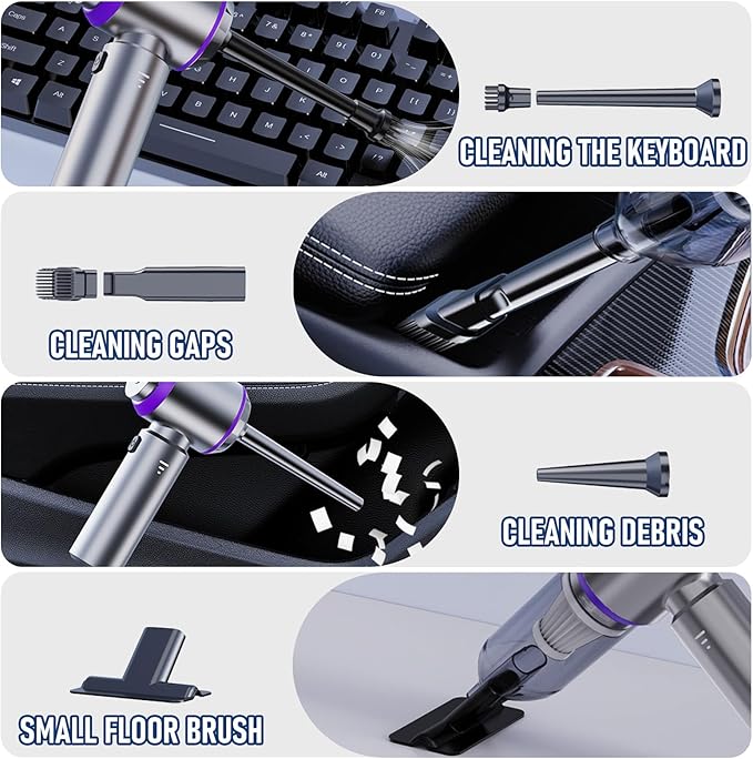 Car Vacuum Portable Cordless 20000PA High Power Mini Vacuum Cleaner 4-in-1 Compressed Air Duster & Air Blower & Pump Hand Held Vacuum with Brushless Motor for Car, Home, Office,Camping