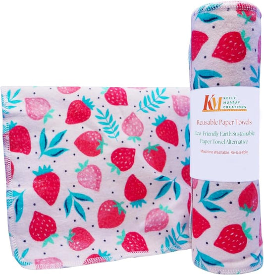 Pack of 10 Reusable Paper Towels | 10x10 Inch Cotton Towels | Kitchen Utensils Print | Eco Friendly, Washable, Quick Drying | Sustainable Cleaning Cloths | Strawberries