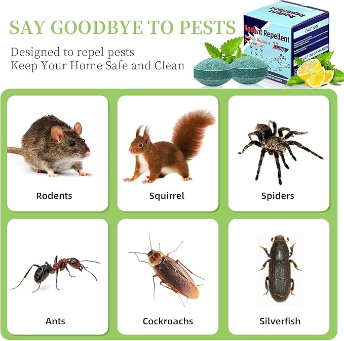 Mouse Rodent Repellent, Peppermint Lemon Mice Repellent for Squirrel Rats Spider Pests, Natural Repellent for Kitchen, Warehouse, Car, Indoor, Outdoor, Safe for Pets & Family