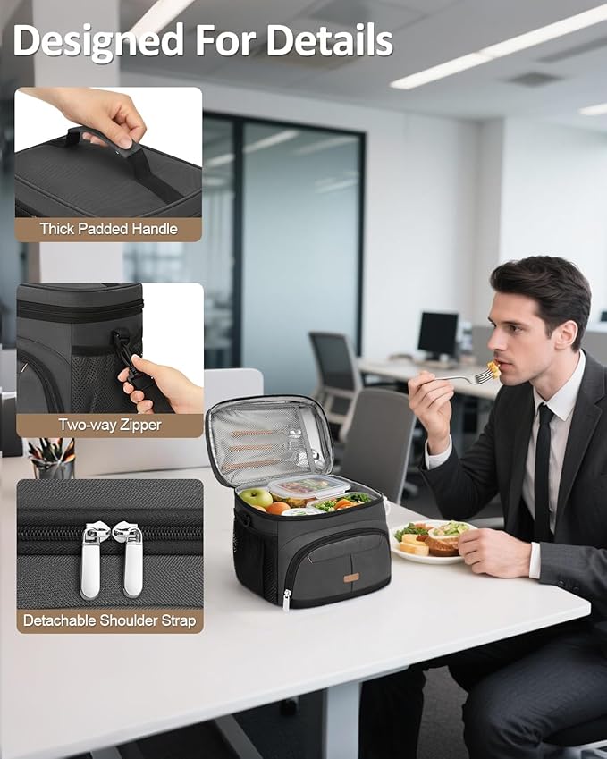 Lunch Box for Man Women, Insulated Lunch Bag Cooler Bag Leakproof Lunchbox Lunch Tote Bags with Removable Strap for Work School Picnic Travel (Grey/12L